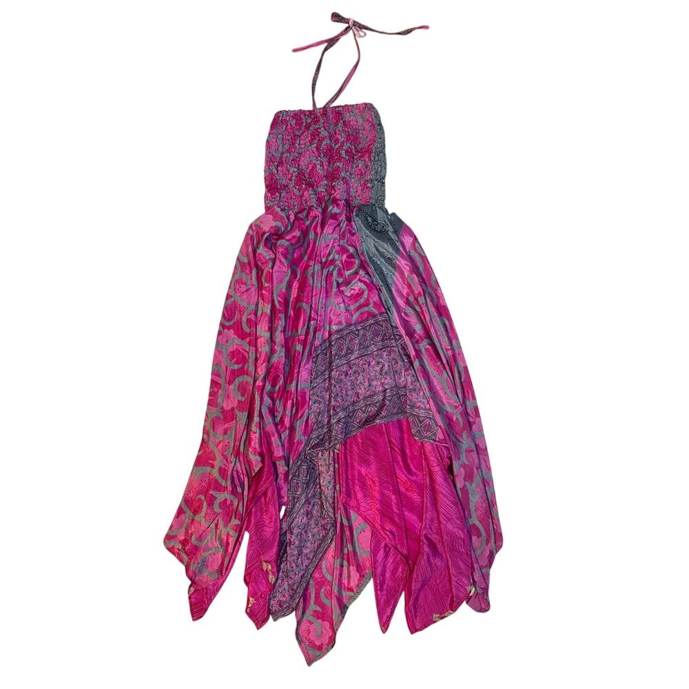 Vintage Asymmetrical Silk Dress Pink Mixed Prints Smocked Bust Womens Small - Picture 2 of 8